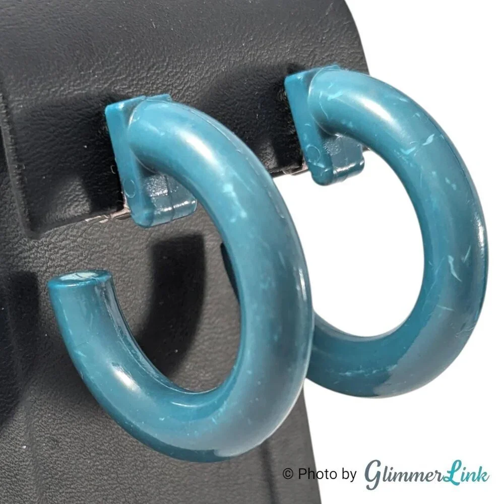 Vintage Dark Teal Plastic Hoop Clip On Earrings